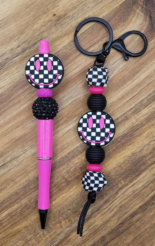 Pink & Black Checkered Smiley Pen & Keychain Set (Copy)