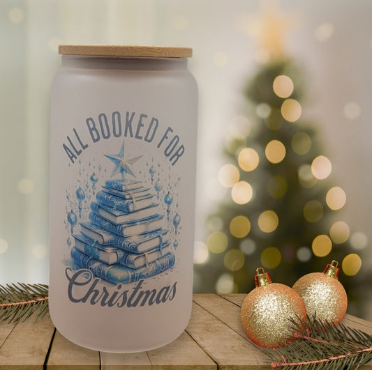 "All Booked for Christmas" 16oz Frosted Glass Cup